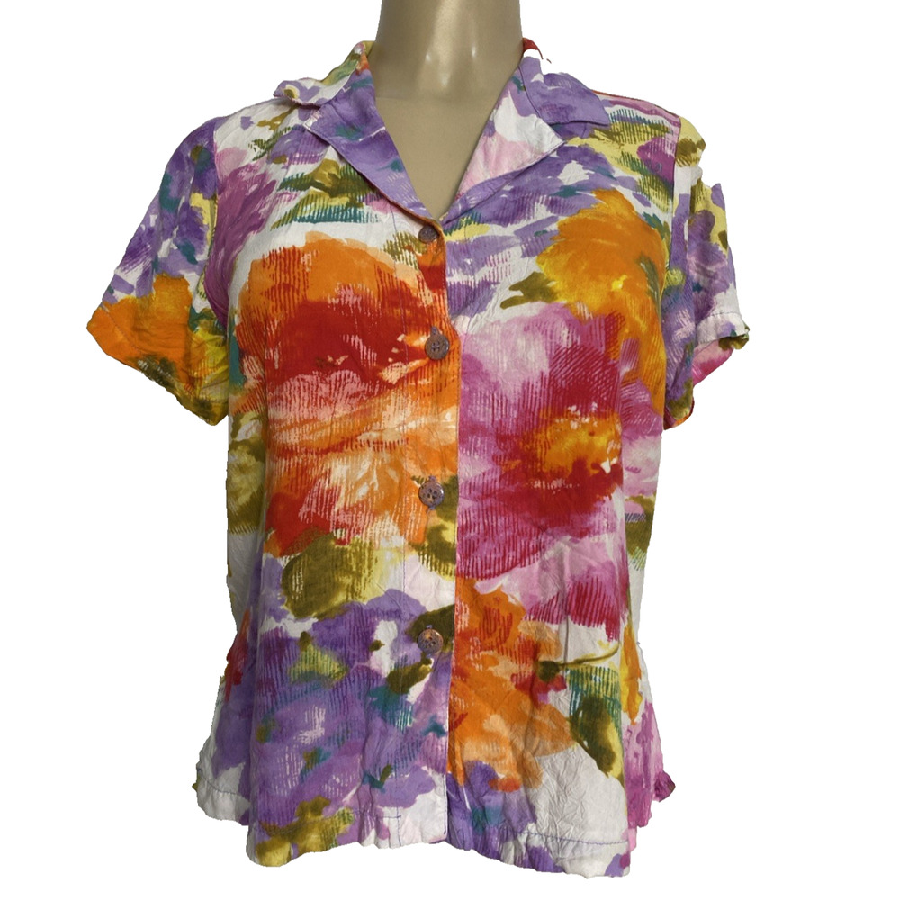 Jams World Button Down Shirt Top Blouse Short Sleeve W624 Sorbet Floral Multi XS